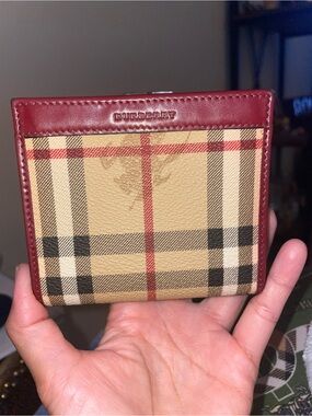 Burberry Beige Check Card Holder with Burgundy Trim
